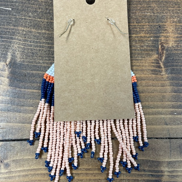 Multi Seed Bead Dangle Earrings - White/Navy/Peach - Picture 2 of 3